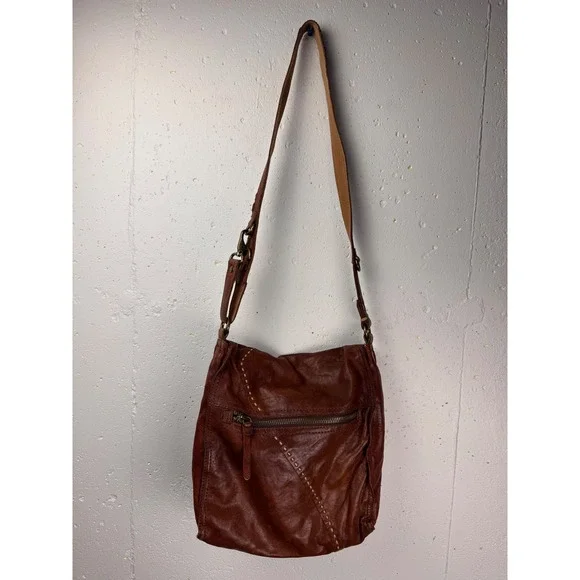 Lucky Brand Brown Leather Boho Distressed Satchel Crossbody Bag Slouchy - Picture 9 of 15